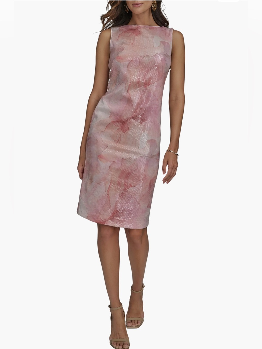 Donna Karan Pink Floral Watercolor Midi Sheath Dress